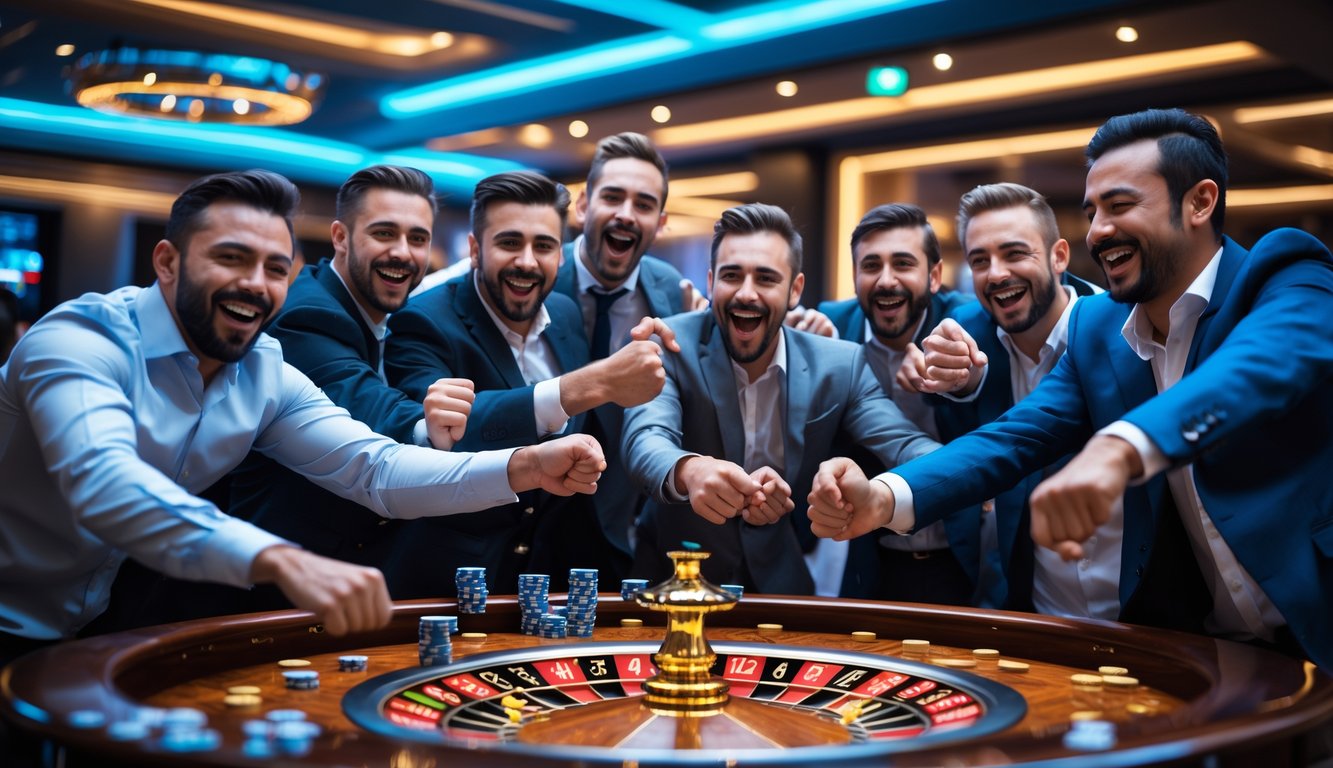 Sekelompok pria merayakan kemenangan besar di meja roulette di kasino.