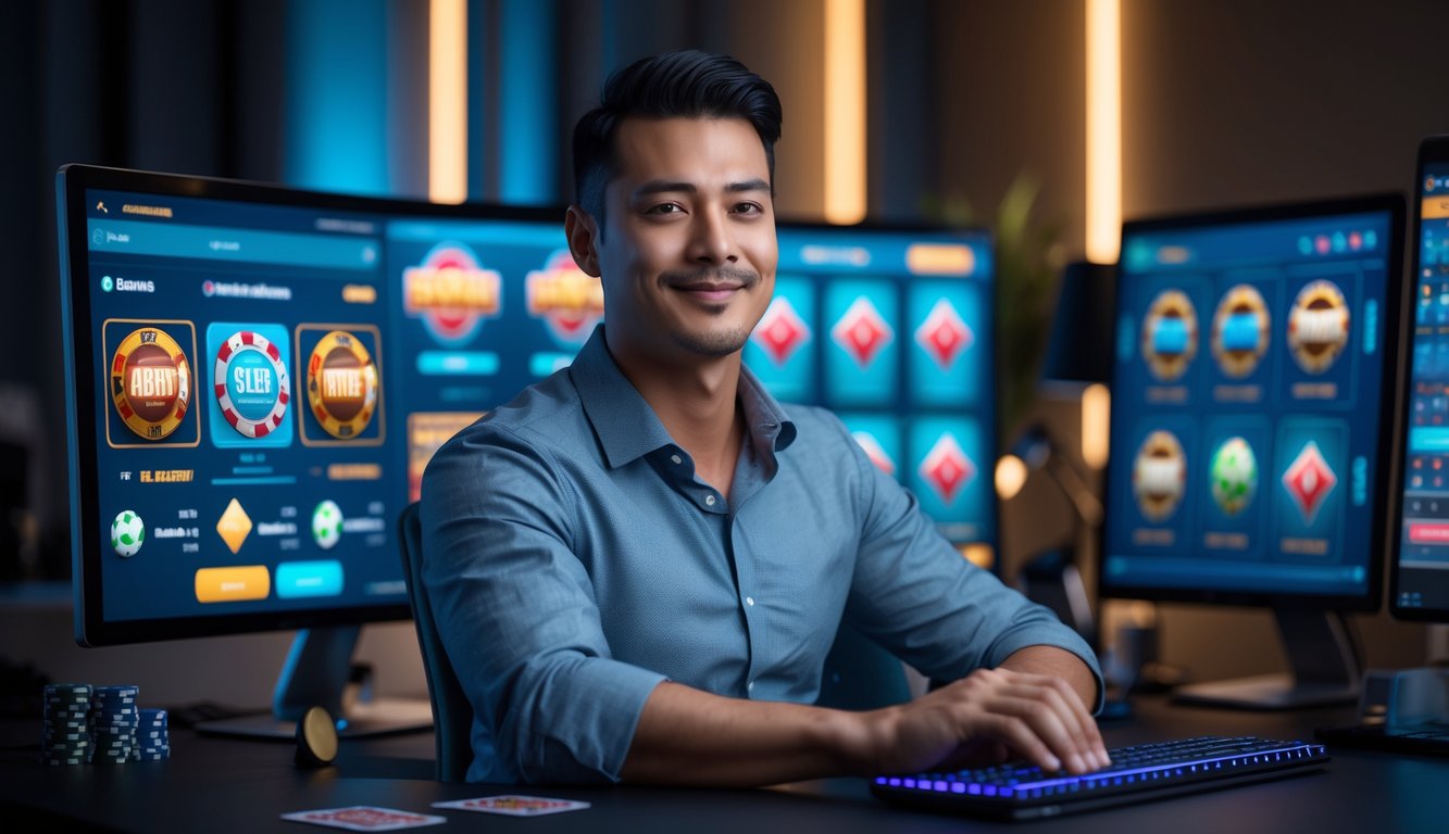 Seorang pria duduk di meja dengan beberapa layar komputer yang menampilkan permainan judi online, tampak fokus dan percaya diri dalam suasana kantor rumah yang modern.