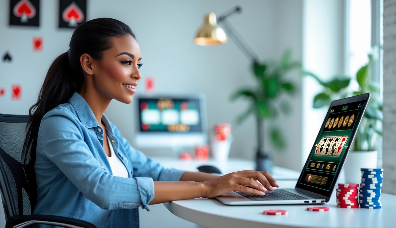 Seorang wanita muda duduk di meja dengan laptop, fokus menggunakan situs judi online di ruang kerja rumah yang terang dan rapi.