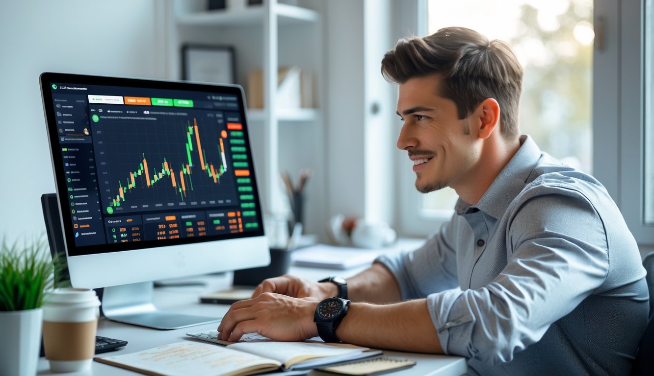 Seorang pria muda duduk di meja dengan laptop, fokus melihat layar yang menampilkan grafik dan statistik judi online, di ruang kerja yang rapi dan terang.