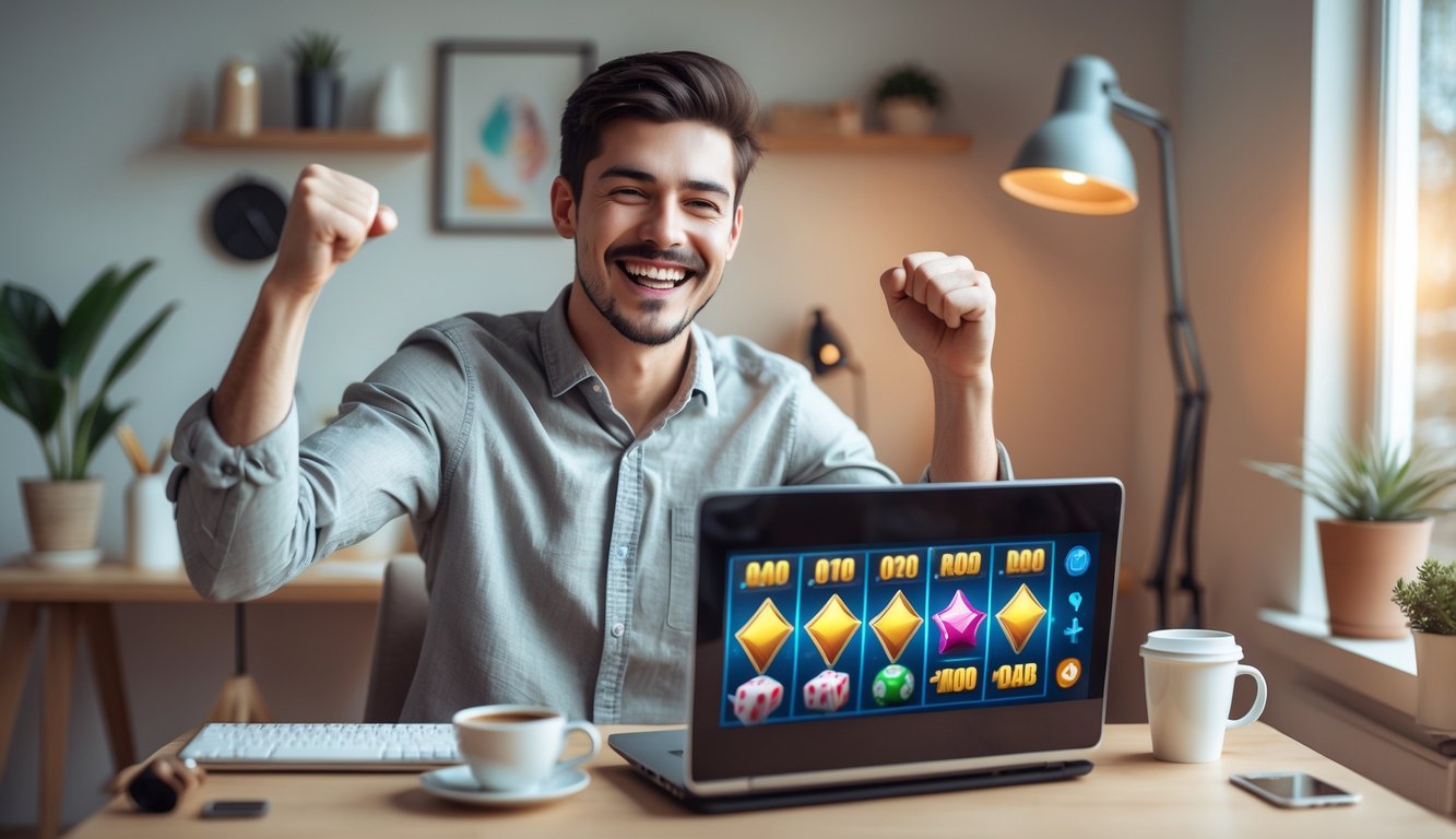 Seorang pria muda sedang duduk di depan laptop dan tersenyum sambil mengangkat tinju, menunjukkan kegembiraan karena menang judi online dengan modal kecil.