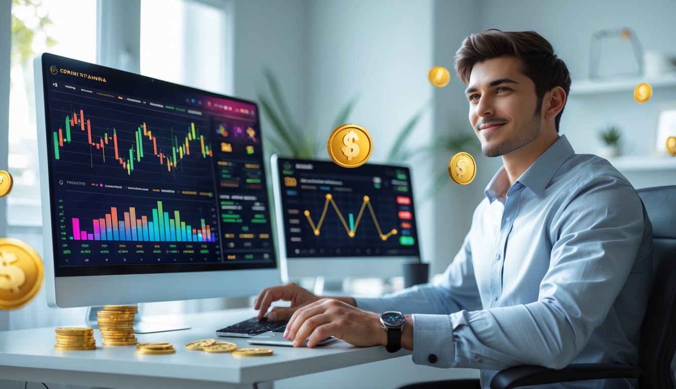 Seorang pria muda duduk di meja komputer dengan beberapa layar menampilkan grafik dan permainan judi online, terlihat fokus dan percaya diri.