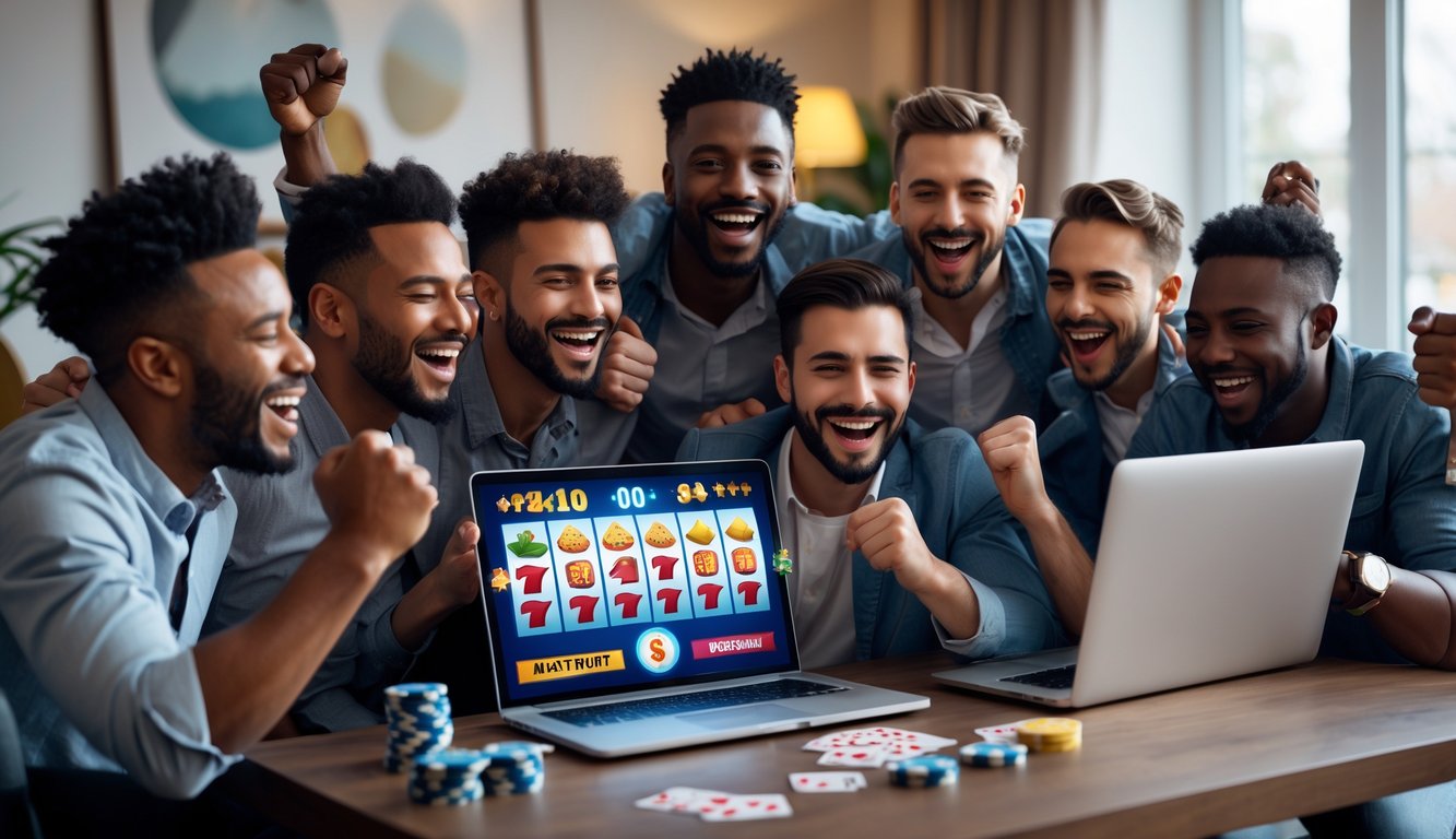 Sekelompok pria bahagia merayakan kemenangan judi online di ruang tamu modern dengan laptop dan ponsel yang menampilkan permainan slot.