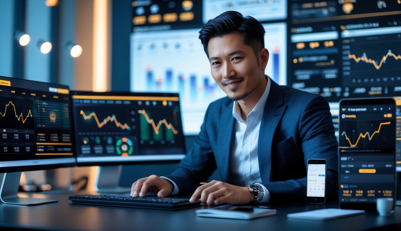 Seorang pria Asia berpakaian rapi duduk di meja modern dengan beberapa layar komputer yang menampilkan data dan grafik permainan judi online.