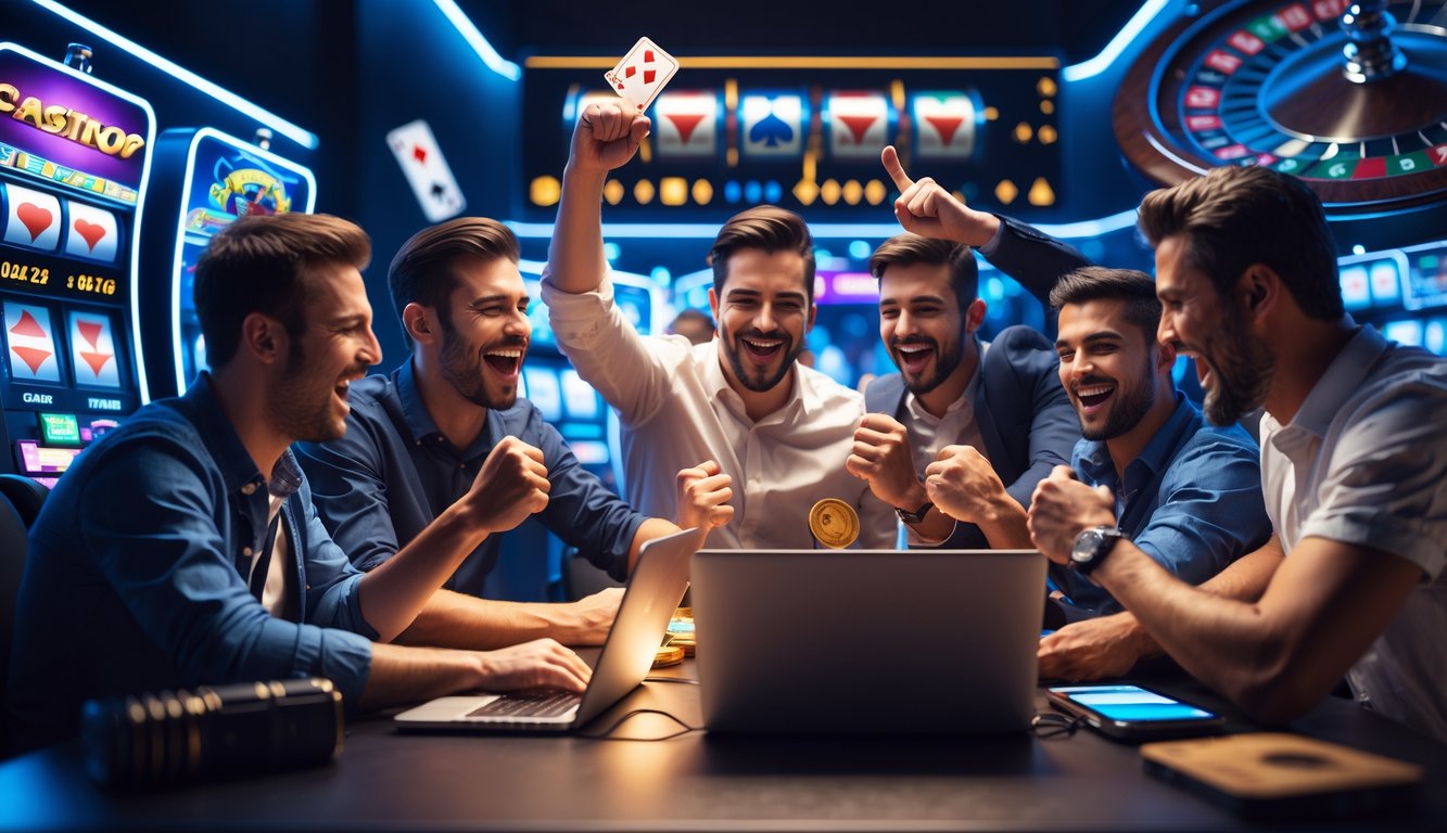 Beberapa pria sedang merayakan kemenangan saat bermain judi online di laptop dan ponsel di sebuah ruangan modern.