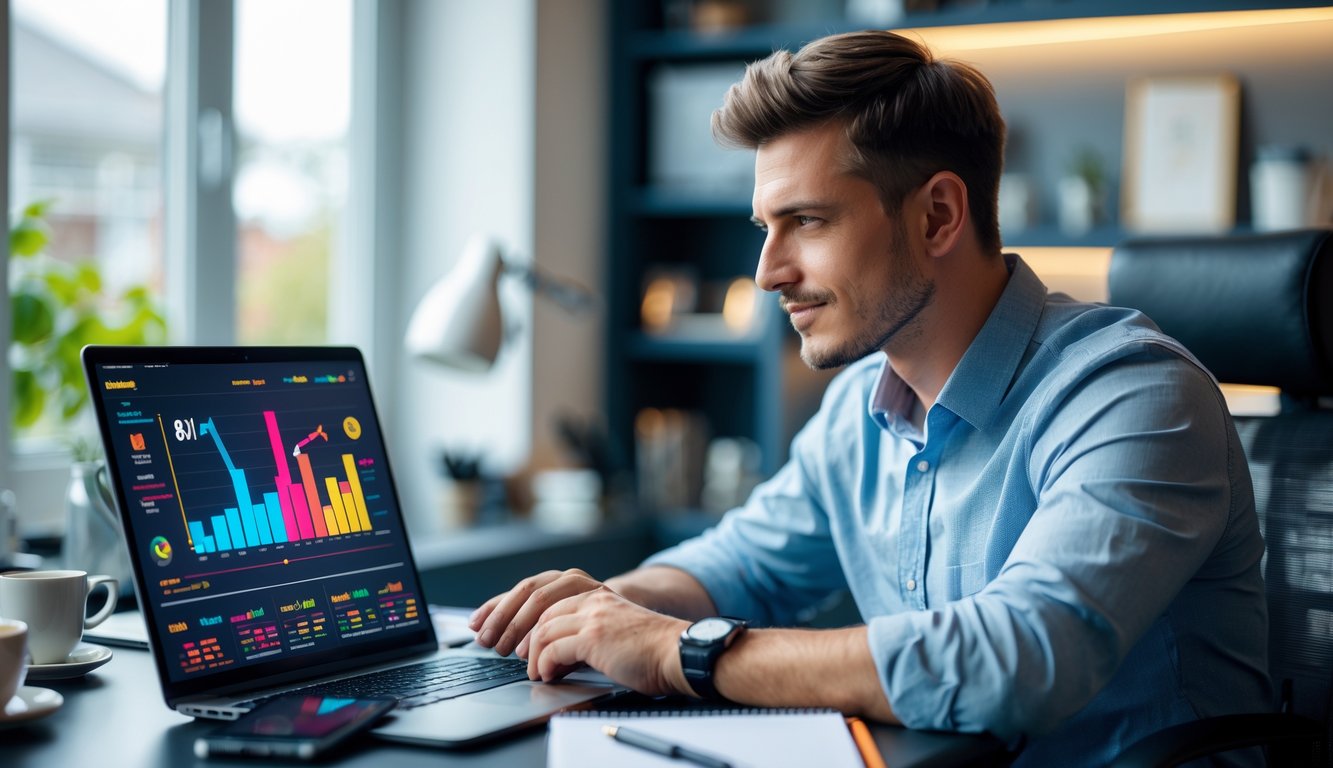 Seorang pria muda duduk di meja dengan laptop, terlihat fokus dan serius sambil melihat grafik di layar, di ruang kerja yang terang dan rapi.