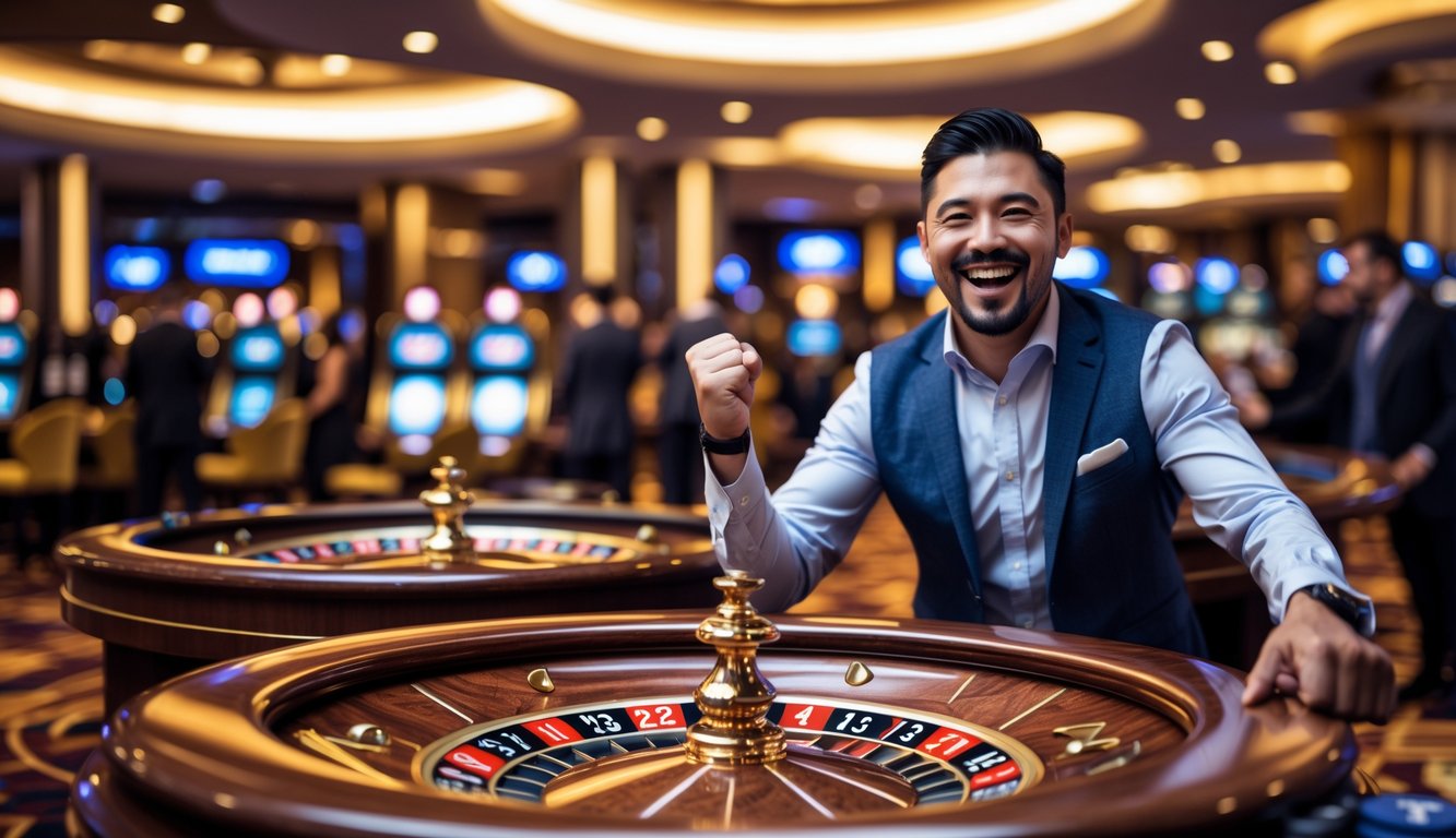 Seorang pria sedang merayakan kemenangan di meja roulette dengan dua bola roulette terlihat di meja kasino.