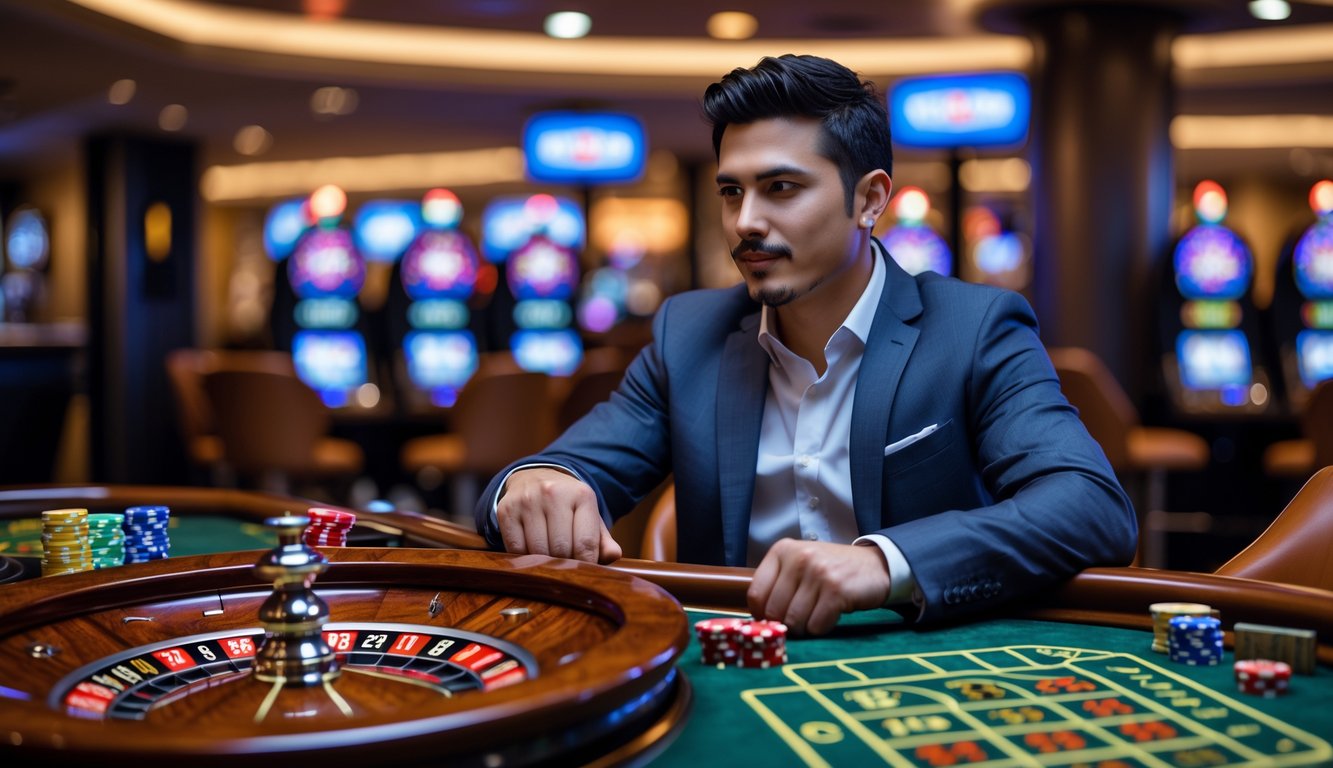 Seorang pria muda duduk di meja kasino fokus bermain roulette bola ganda dengan dua bola berputar di roda roulette.