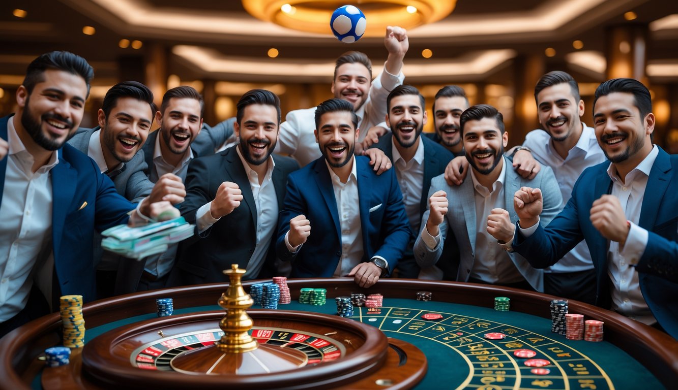 Sekelompok pria sedang merayakan kemenangan di meja roulette dengan dua bola di kasino mewah.