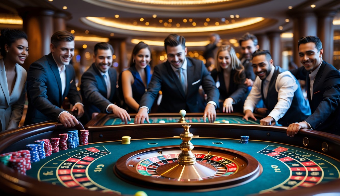 Meja roulette double ball di kasino dengan pemain yang sedang memasang taruhan dan dua bola putih berputar di roda roulette.