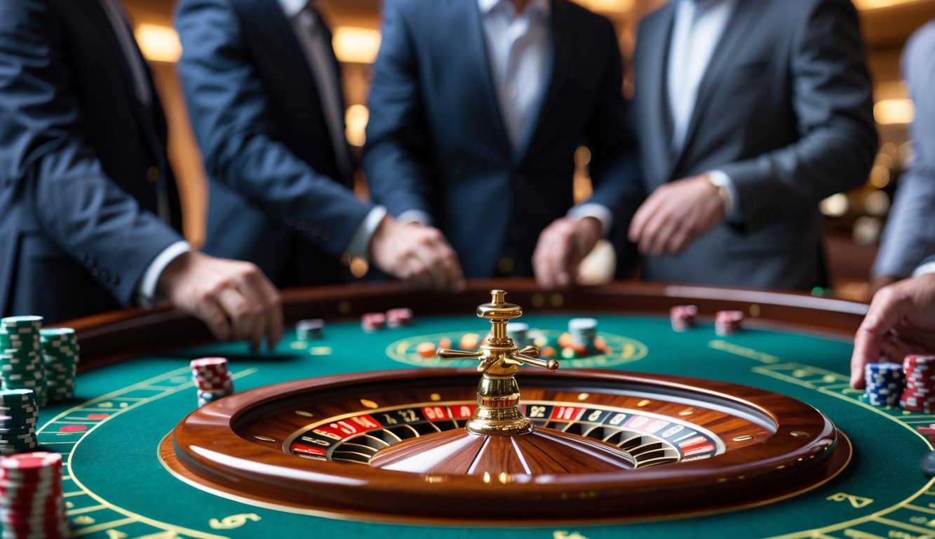 Beberapa pria sedang bermain roulette dengan dua bola di meja kasino, fokus pada permainan dan suasana kasino yang mewah.