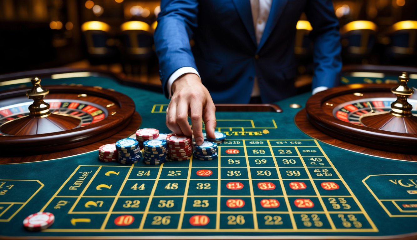Seorang pemain berjudi di meja roulette dengan dua roda roulette dan chip taruhan di kasino.