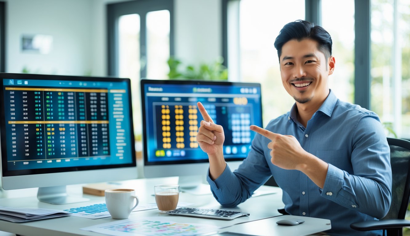 Seorang pria Asia duduk di meja dengan beberapa layar komputer menampilkan angka lotere, tersenyum sambil merayakan kemenangan.