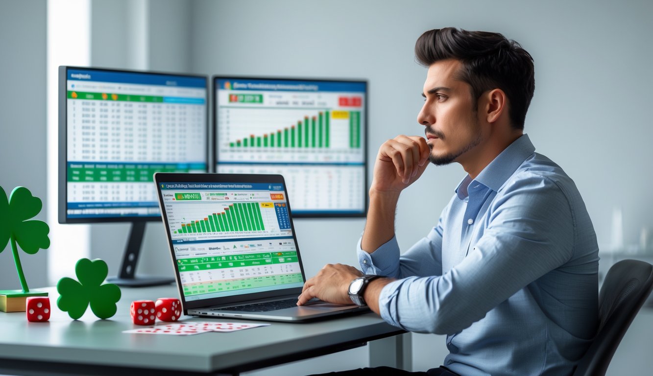 Seorang pria muda duduk di meja kantor modern dengan laptop dan beberapa layar yang menampilkan data angka, tampak fokus dan berpikir.