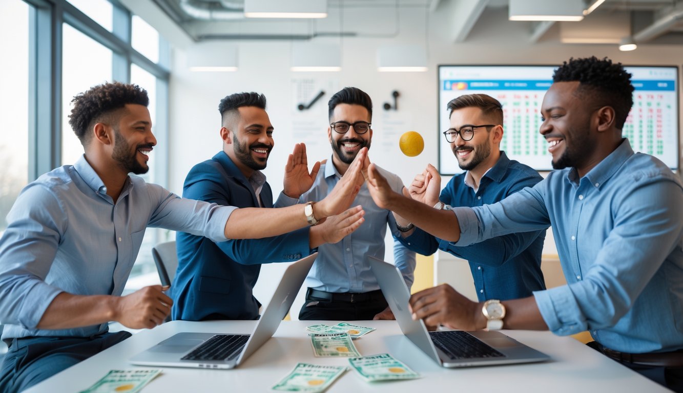 Sekelompok pria merayakan kemenangan judi togel dengan ekspresi senang di ruang kantor modern.