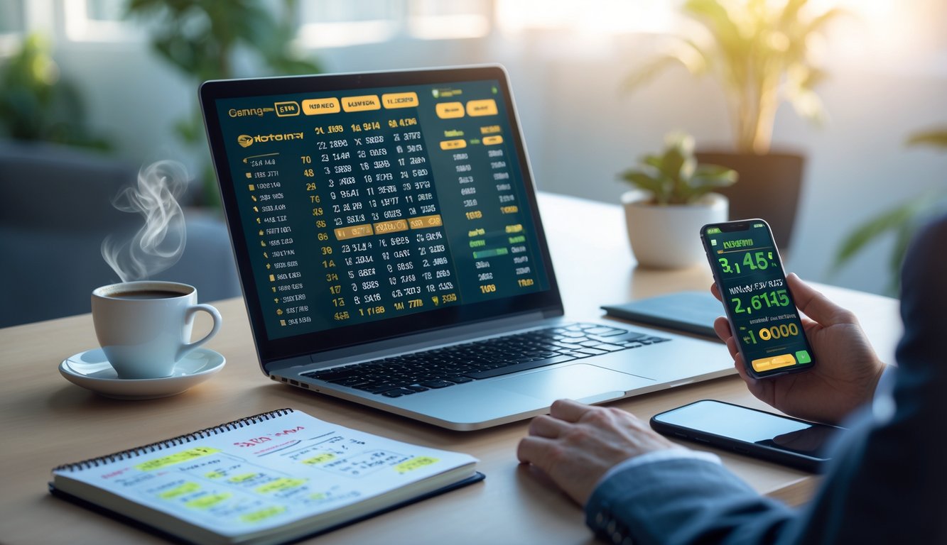 Meja kerja dengan laptop, catatan, dan ponsel yang menampilkan aktivitas terkait strategi judi togel.
