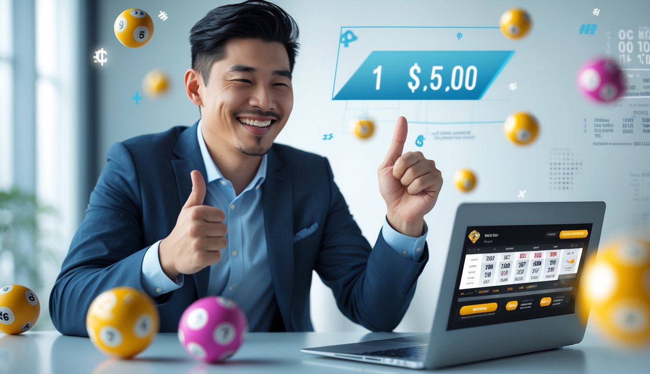 Seorang pria Asia Tenggara tersenyum bahagia duduk di depan laptop dengan elemen-elemen yang melambangkan judi togel di sekitarnya.