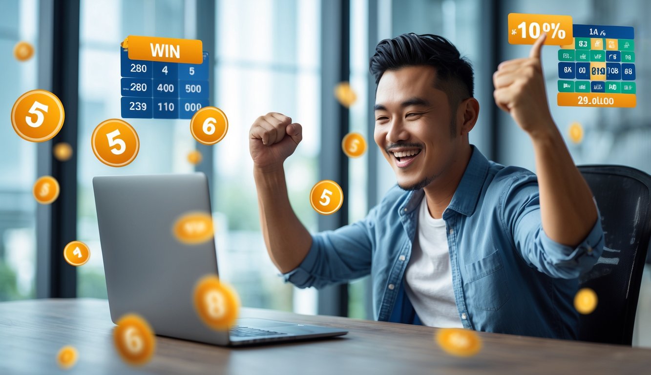 Seorang pria Asia Tenggara duduk di meja dengan laptop, tampak senang dan merayakan kemenangan dalam permainan togel online.