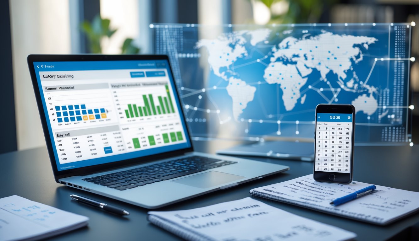 Meja kerja modern dengan laptop, smartphone, dan catatan strategi untuk menang judi togel.