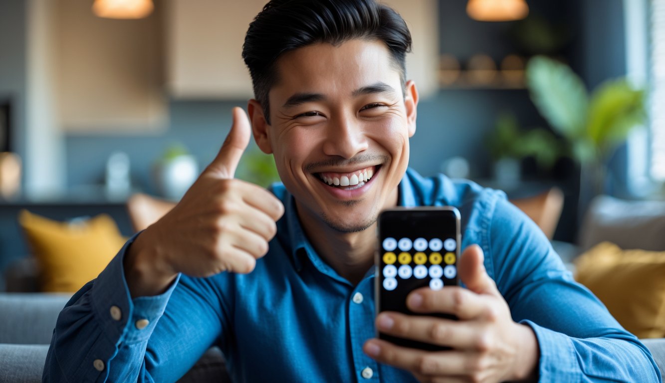 Seorang pria Asia Tenggara tersenyum lebar sambil memegang ponsel yang menampilkan angka togel, terlihat senang dan percaya diri di dalam ruangan modern.