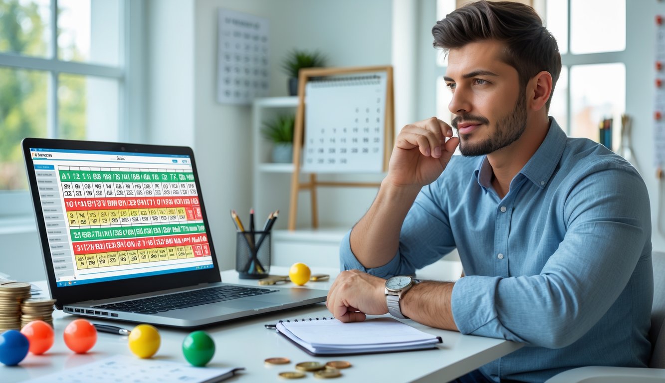 Seorang pria muda duduk di meja dengan laptop dan alat tulis, fokus menganalisis angka togel di ruang kerja yang terang.