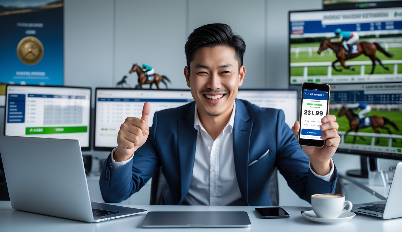 Seorang pria Asia Tenggara duduk di meja dengan layar komputer menampilkan statistik balap kuda, tersenyum sambil memegang ponsel yang menunjukkan kemenangan.