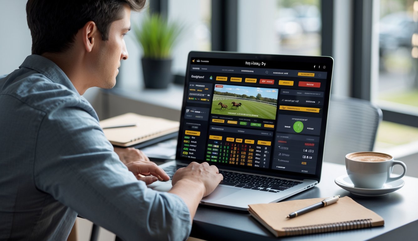 Seorang pemula sedang belajar memasang taruhan balap kuda secara online di depan laptop di ruang kerja yang rapi.