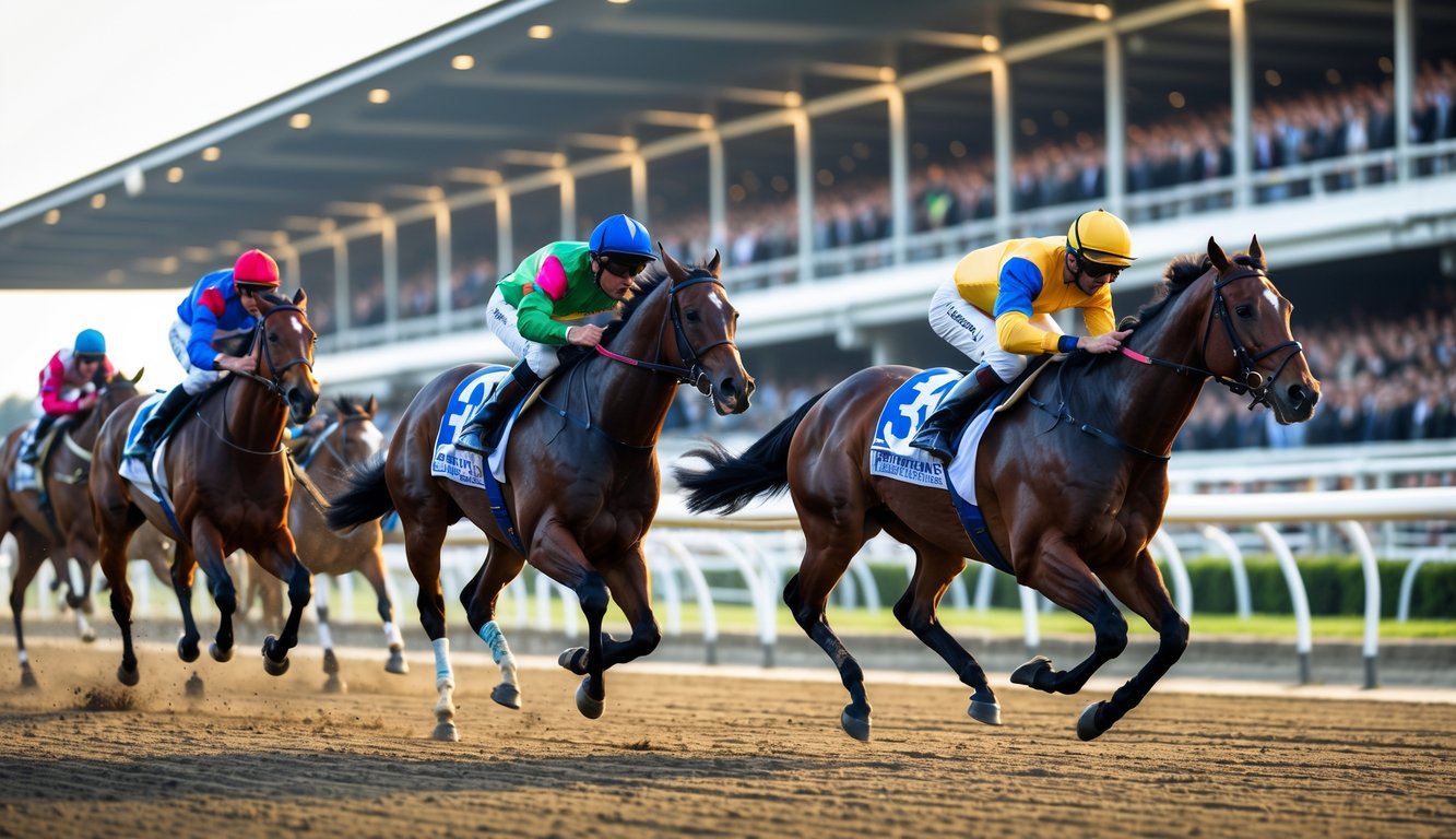 Lomba pacuan kuda dengan beberapa kuda dan joki sedang berlari kencang di lintasan balap dengan penonton di tribun.