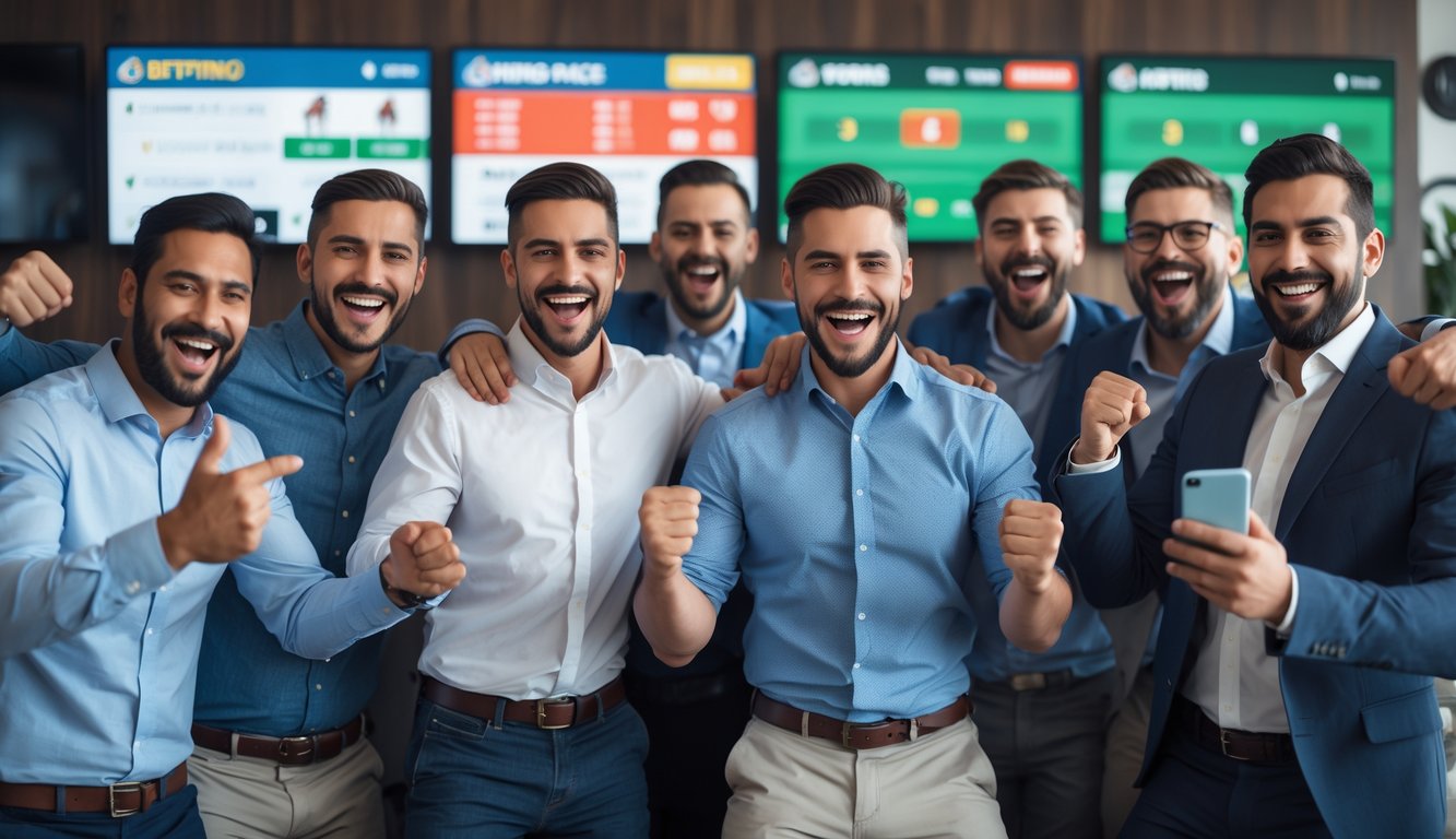 Sekelompok pria tersenyum dan merayakan kemenangan taruhan balap kuda di ruangan modern dengan layar menampilkan balapan kuda.