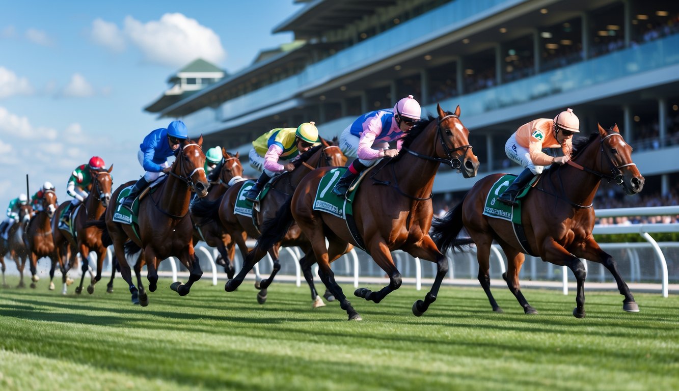 Lomba pacuan kuda dengan beberapa kuda dan joki sedang berlomba di lintasan dengan penonton di latar belakang.