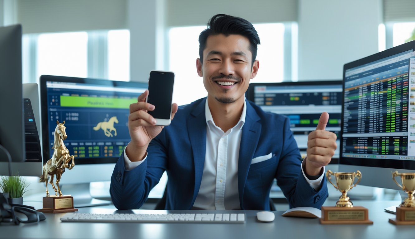 Seorang pria Asia Tenggara tersenyum sambil duduk di depan komputer dengan data balap kuda, menunjukkan keberhasilan dalam taruhan balap kuda.