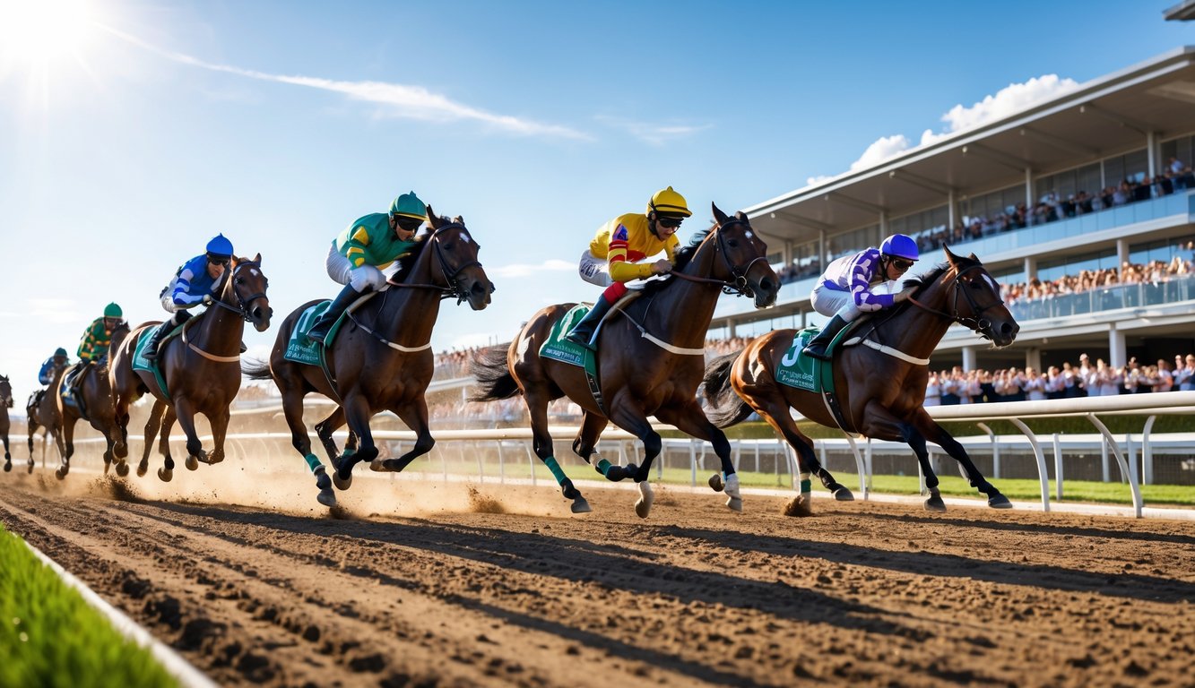 Balapan kuda dengan beberapa joki yang sedang berlomba di lintasan dengan penonton di tribun.