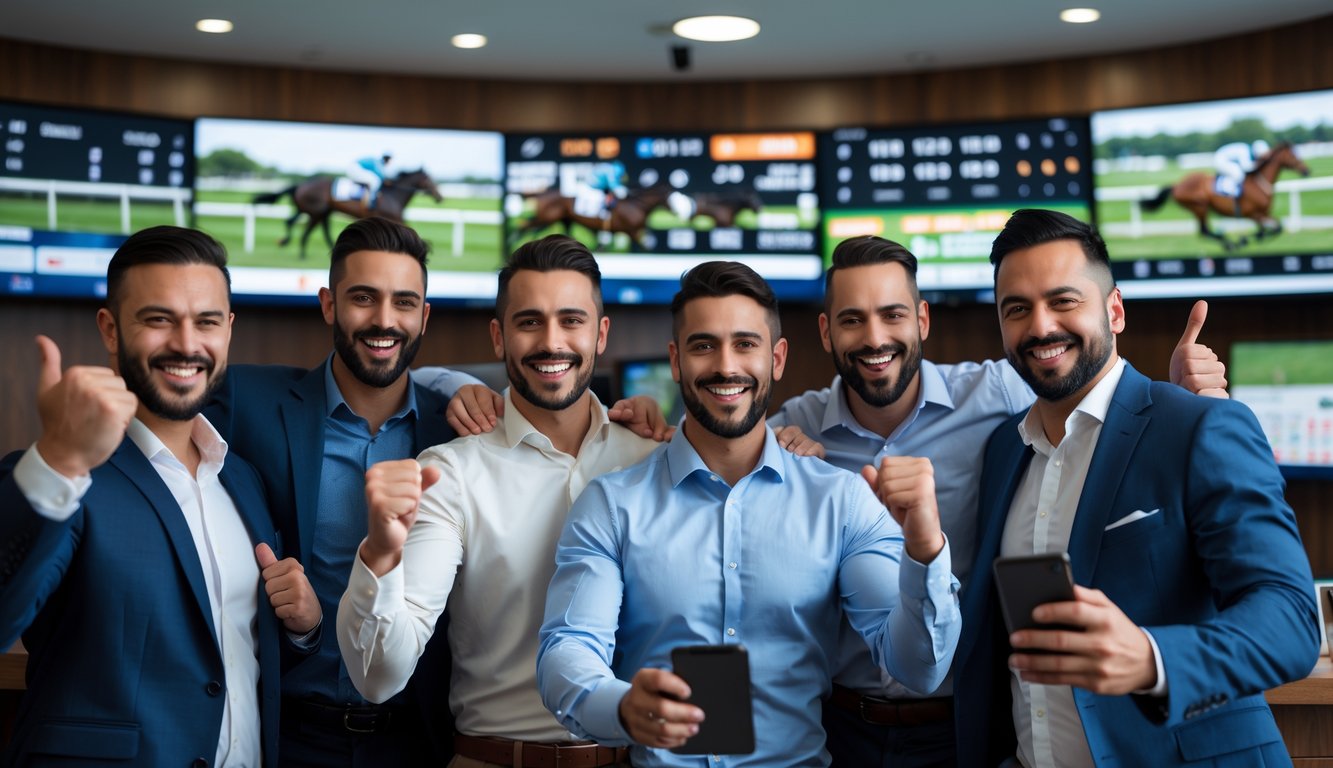 Sekelompok pria merayakan kemenangan dalam suasana taruhan balap kuda secara langsung di sebuah ruang taruhan modern.