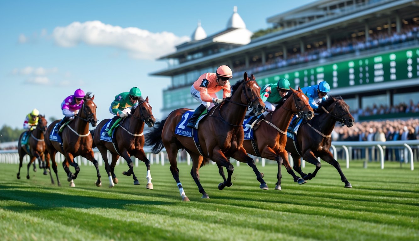 Lomba pacuan kuda dengan beberapa kuda dan joki berlari di lintasan hijau, penonton di tribun, dan papan taruhan digital di latar belakang.
