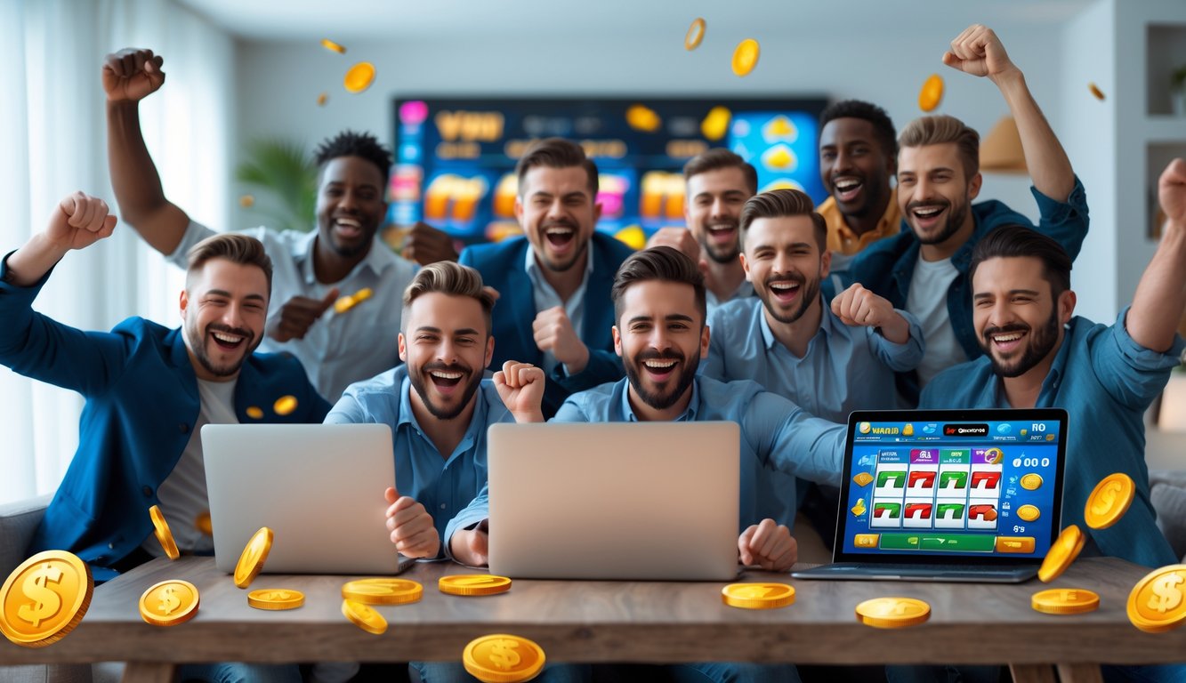 Sekelompok pria merayakan kemenangan besar saat bermain permainan slot online di ruang tamu modern.