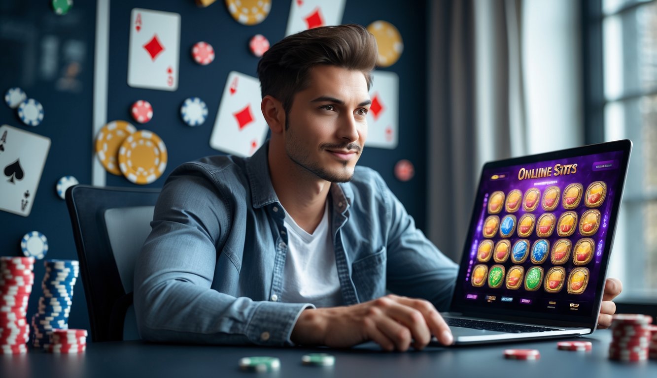 Seorang pria muda duduk di depan laptop dengan latar belakang tema kasino, tampak fokus bermain permainan slot online.