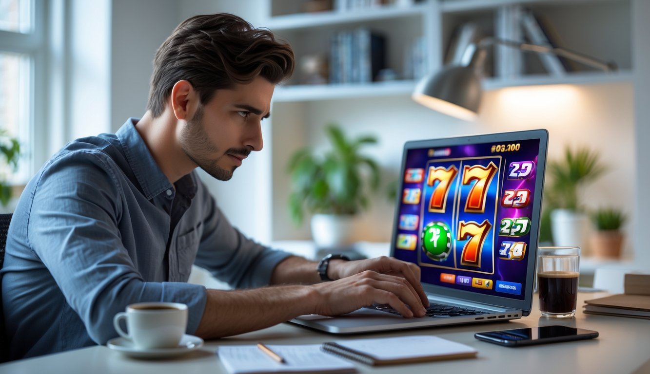 Seorang pria muda duduk di meja kerja dengan laptop yang menampilkan grafik mesin slot online, dikelilingi catatan dan kopi di ruangan terang dengan tanaman dan rak buku.