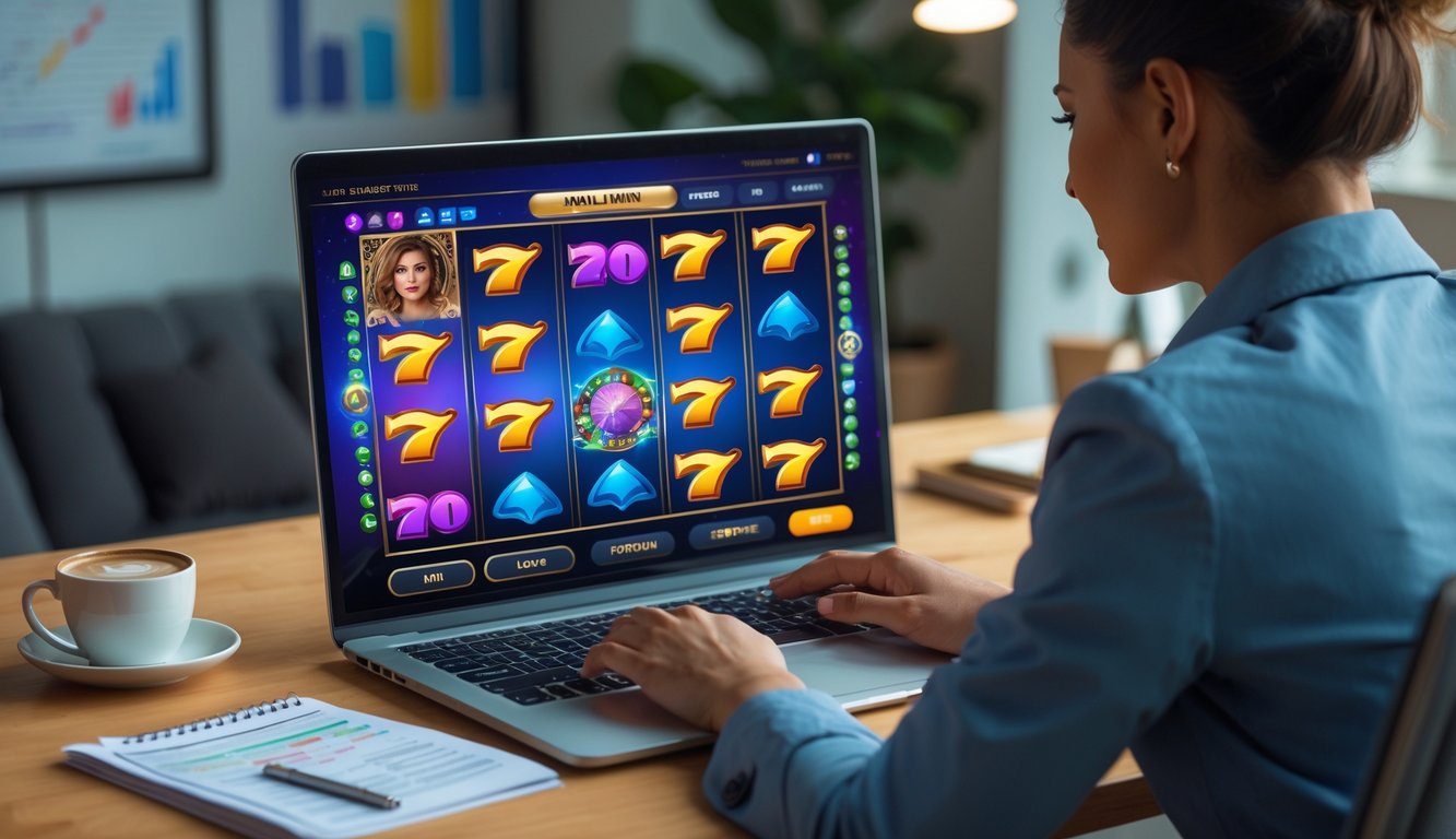 Seseorang duduk di meja modern, fokus melihat layar laptop yang menampilkan permainan slot online berwarna-warni di ruangan yang nyaman dan terang.