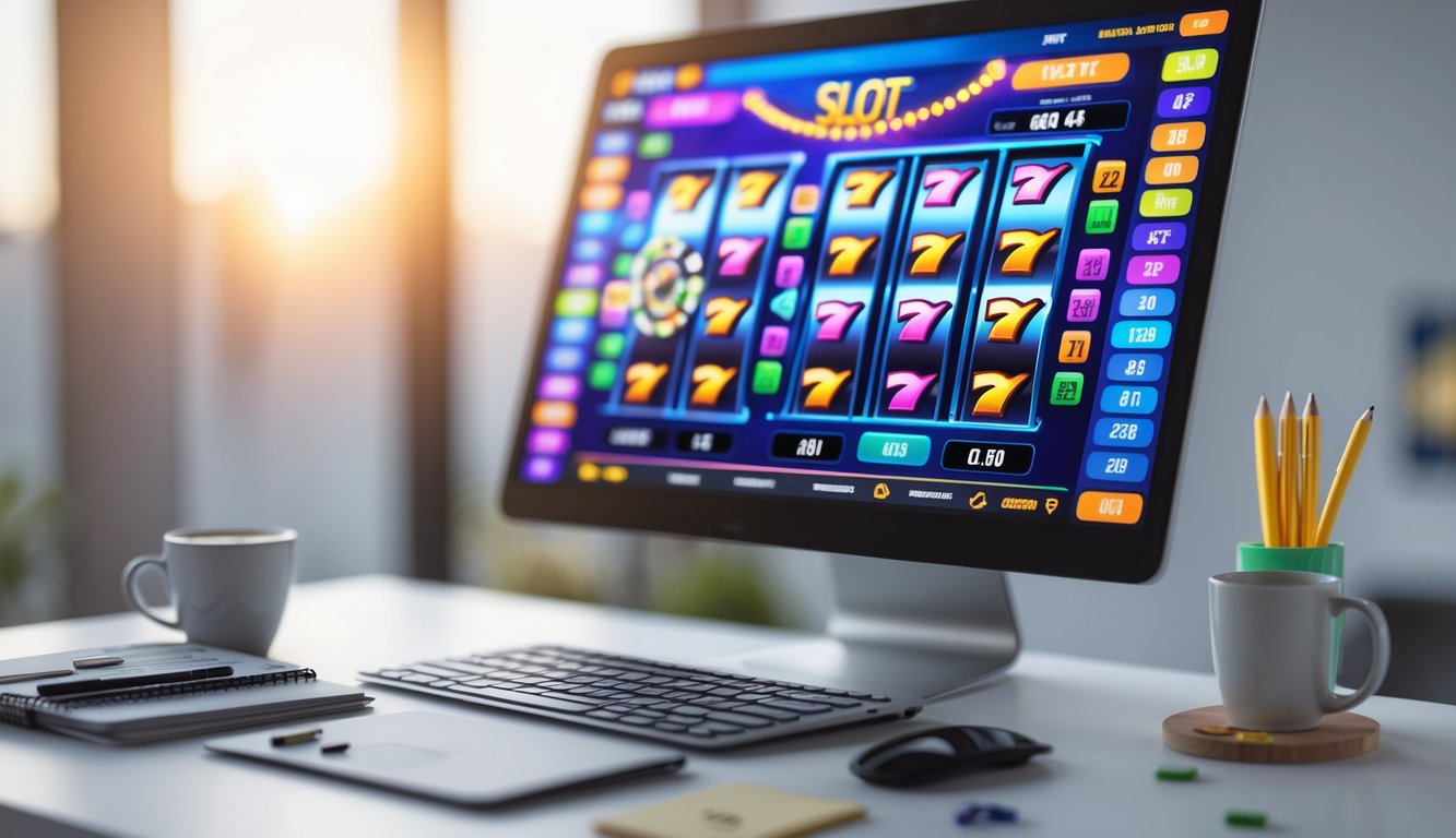 Sebuah komputer menampilkan permainan slot online dengan grafik berwarna cerah di atas meja kerja yang rapi dengan catatan dan secangkir kopi.