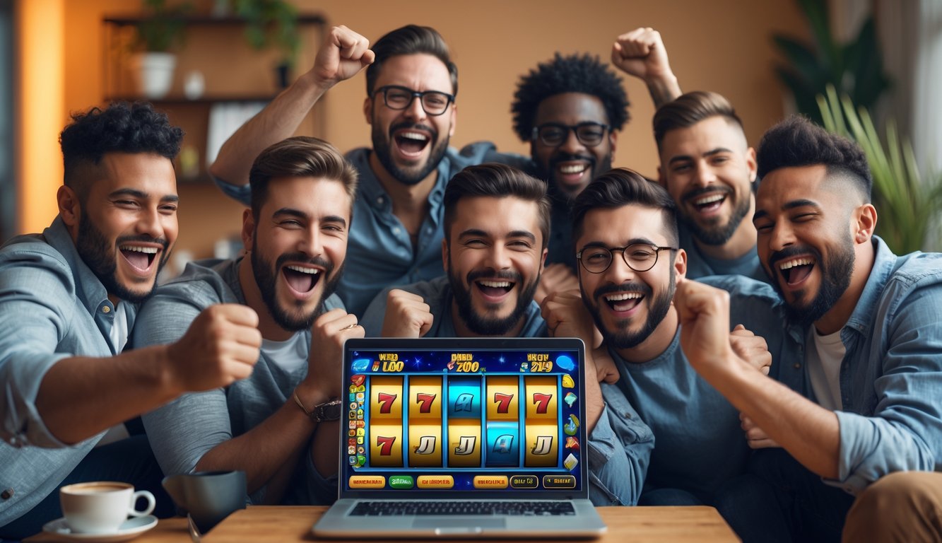 Sekelompok pria sedang merayakan kemenangan besar saat bermain permainan slot online di ruang tamu yang nyaman.