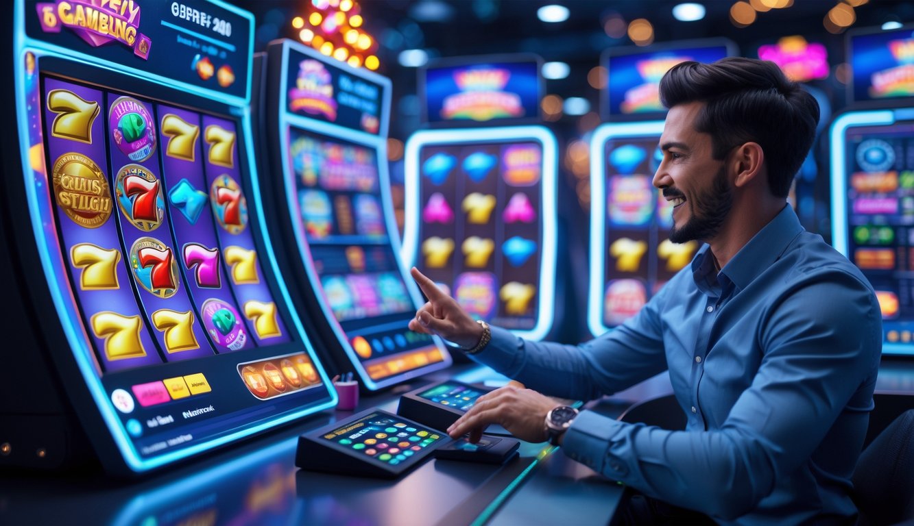 Seseorang menggunakan komputer dengan layar menampilkan permainan slot berwarna-warni di lingkungan kerja modern.