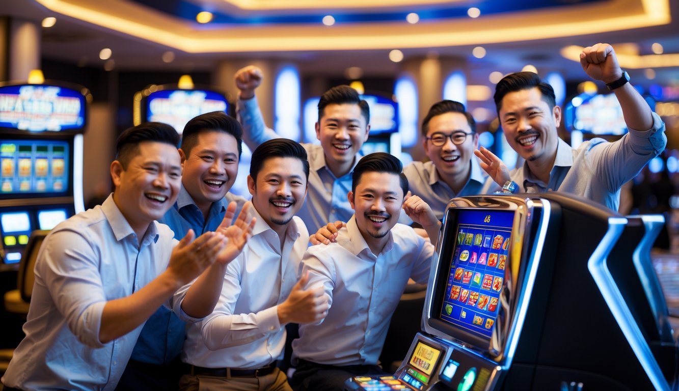 Sekelompok pria Asia Tenggara sedang merayakan kemenangan besar di mesin slot di dalam kasino.