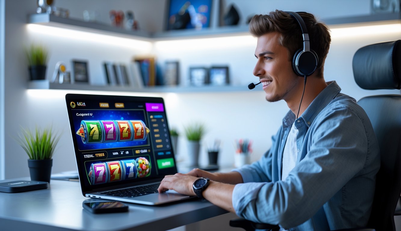 Seorang pria muda duduk di depan laptop dengan tampilan permainan slot online di layar, berada di ruang kerja modern dengan dekorasi terkait permainan judi.