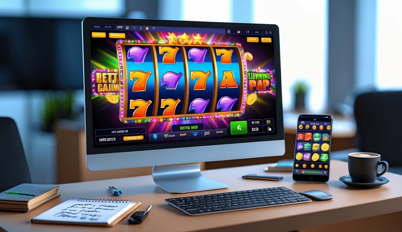 Sebuah ruang kerja modern dengan komputer menampilkan permainan slot online yang berwarna-warni dan elemen terkait berjudi.