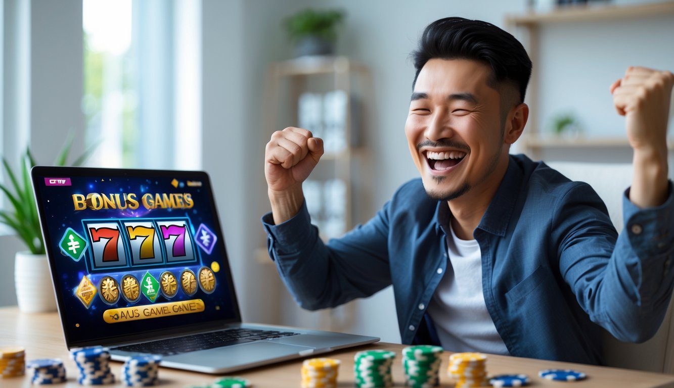 Seorang pria Asia tersenyum dan merayakan kemenangan saat bermain permainan slot online di laptop di ruang kerja modern.