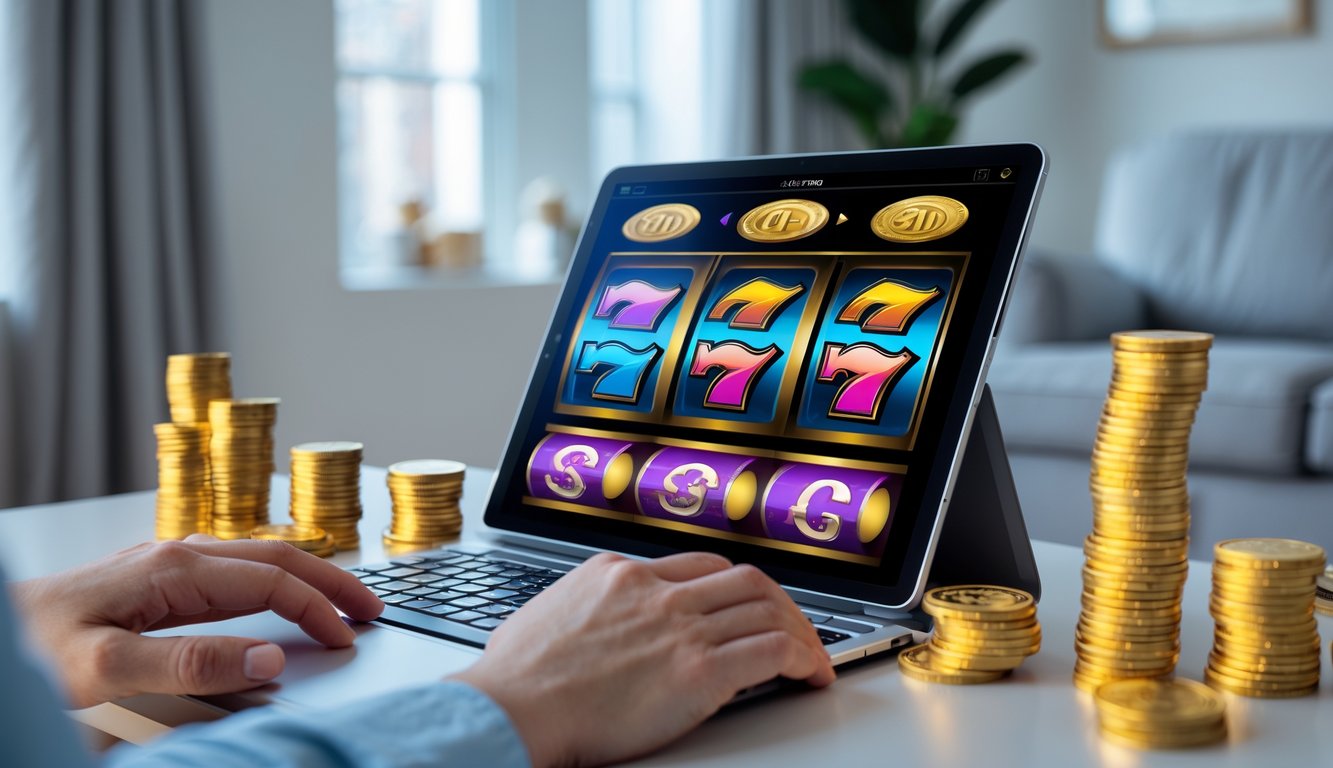 Seorang pengguna duduk di depan laptop yang menampilkan permainan slot online dengan suasana nyaman di ruang tamu.