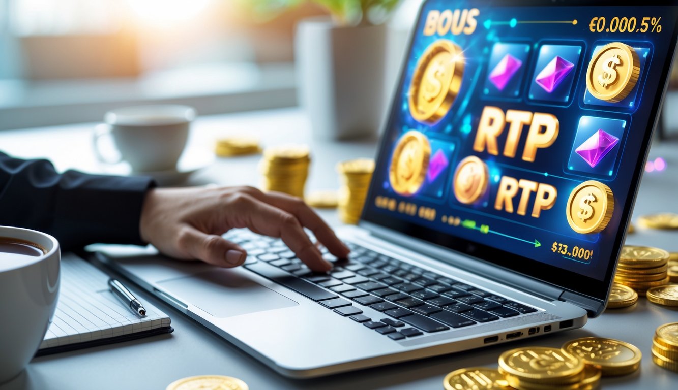 Seseorang sedang menggunakan laptop dengan tampilan permainan slot online dan koin emas di atas meja kerja yang rapi.