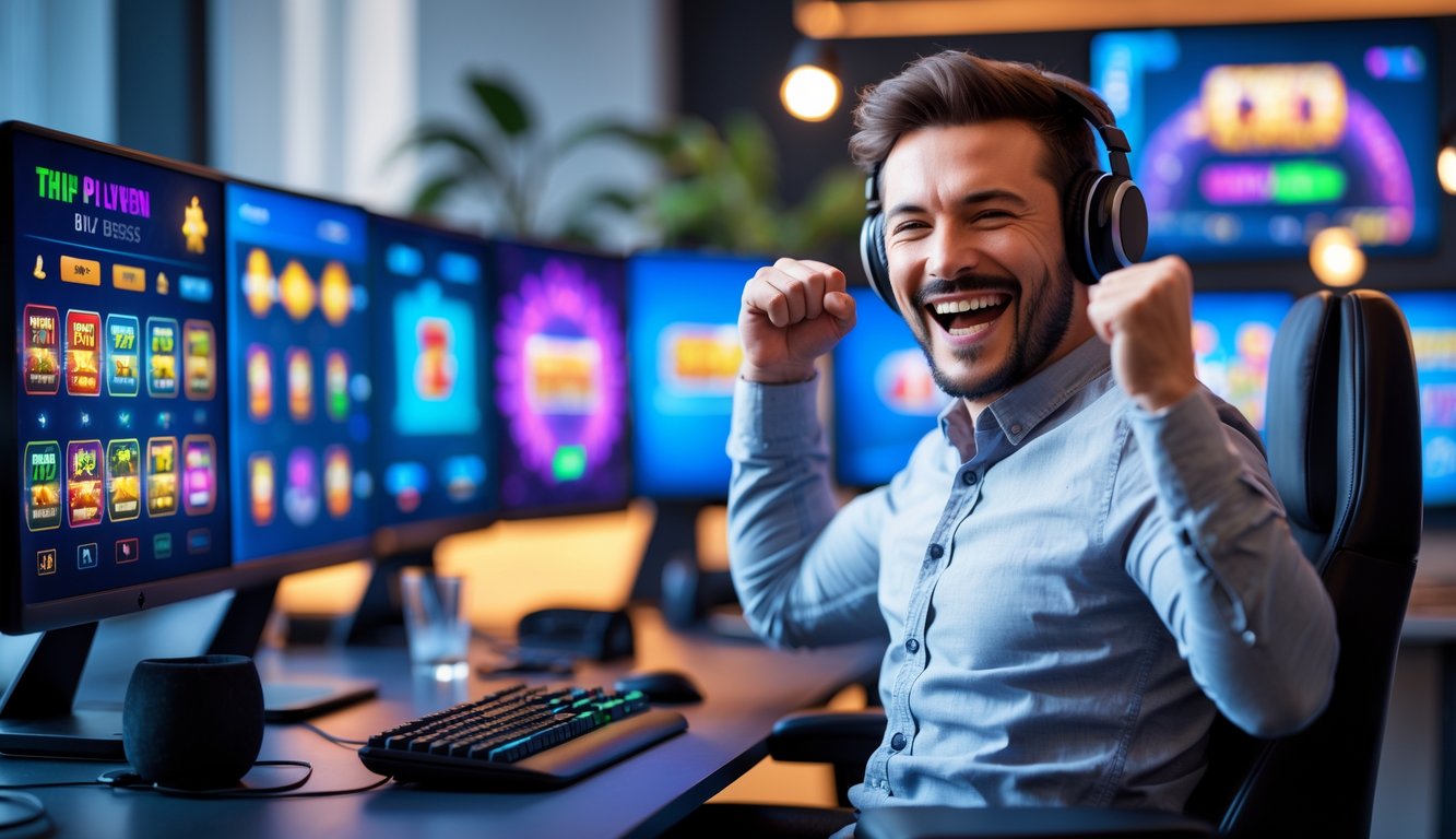 Seorang pria senang merayakan kemenangan besar saat bermain game slot online di depan komputer dengan layar menampilkan permainan slot berwarna-warni.