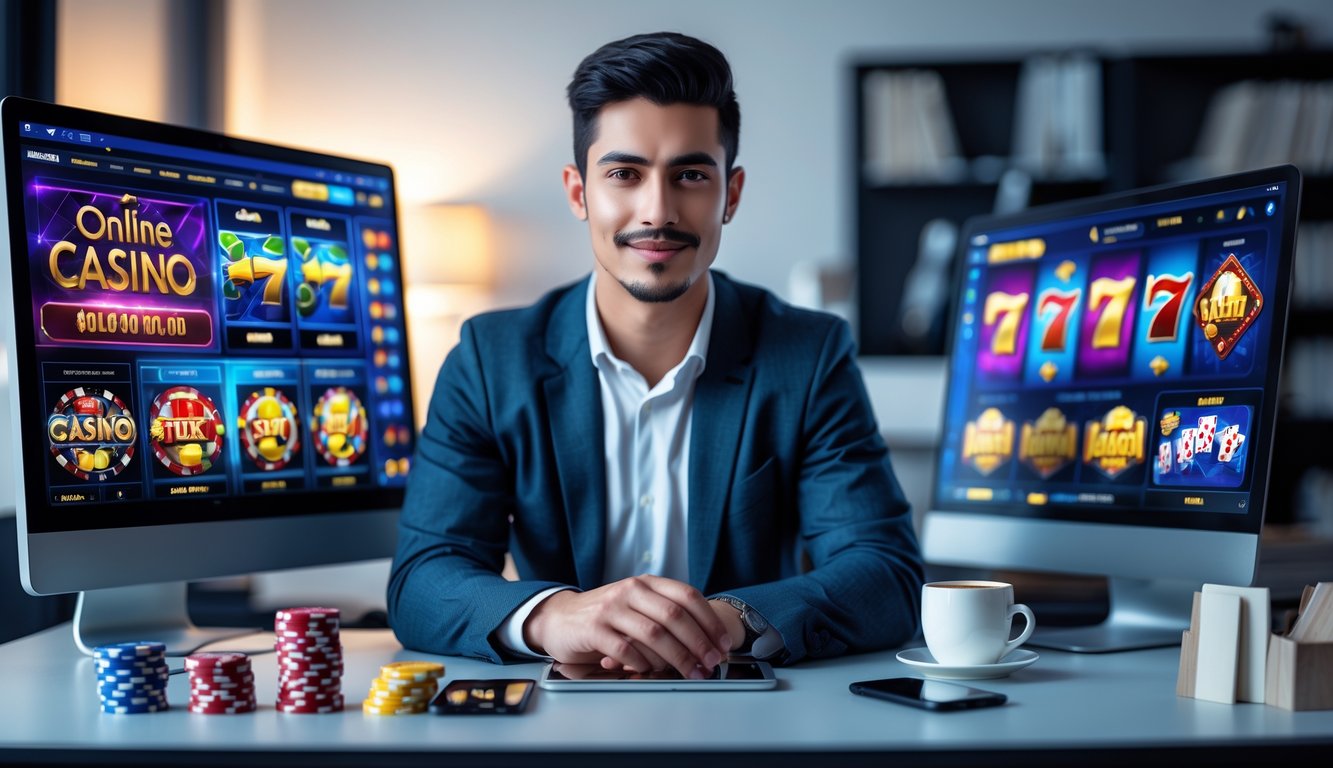 Seorang pria muda duduk di meja dengan beberapa layar komputer yang menampilkan permainan slot online, terlihat fokus dan tersenyum di ruang kerja modern.