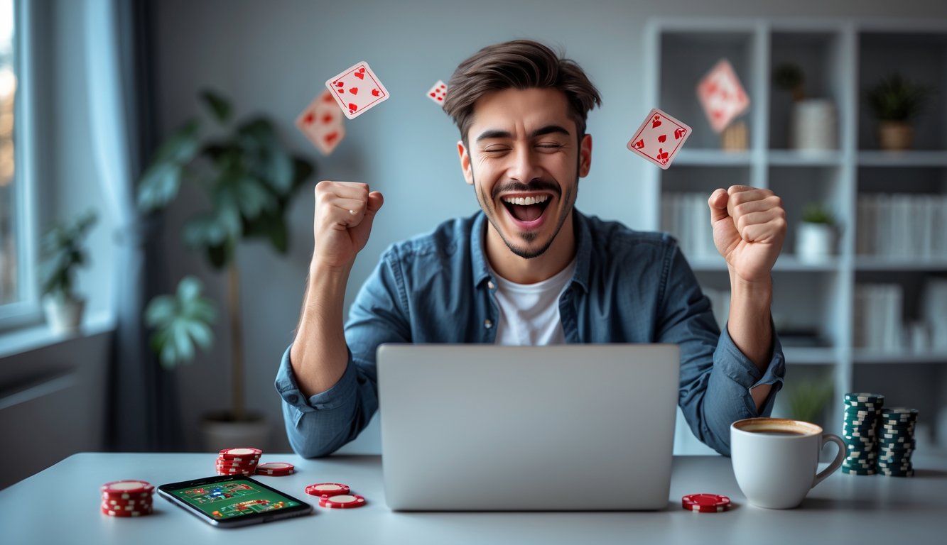 Seorang pria muda tersenyum sambil merayakan kemenangan saat bermain game slot online di laptop di ruangan rumah yang nyaman.